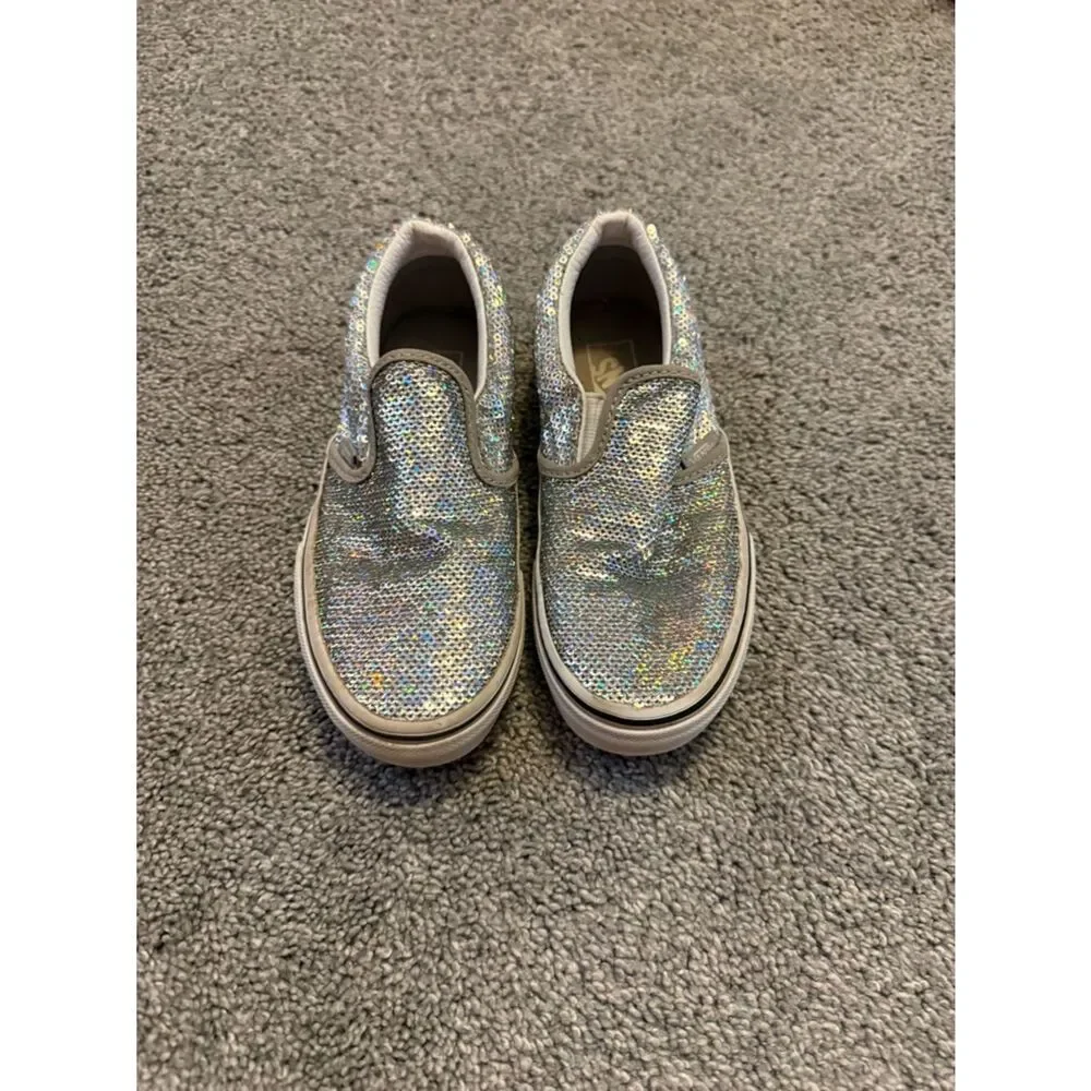 Vans Slip On Silver Holographic Glitter Sequin Sneakers Sz 13